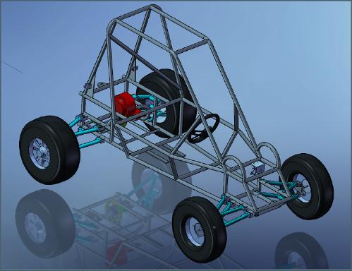 CAD rendering of the frame, suspension, and drivetrain before fabrication